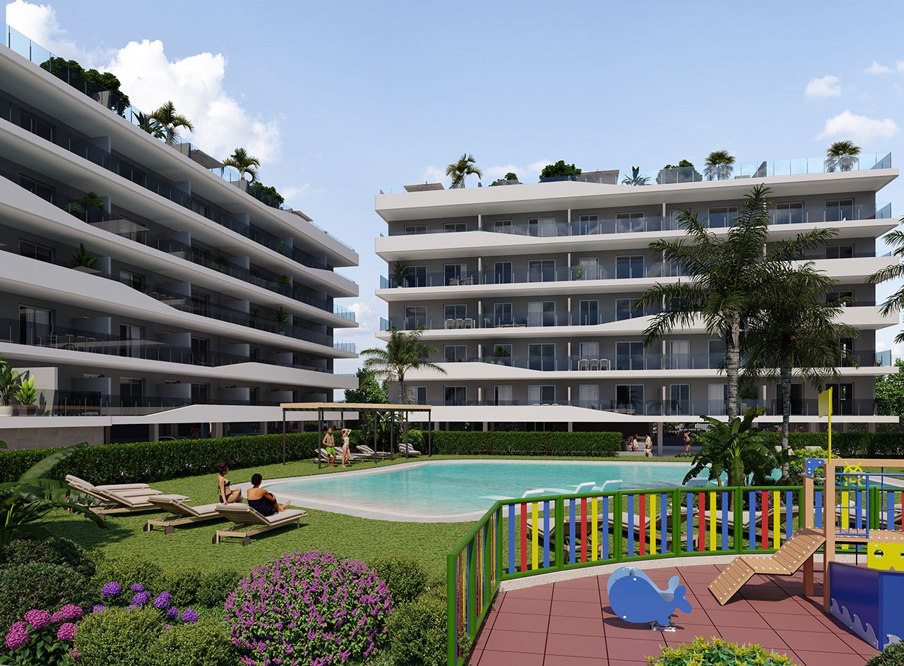 Apartments with 3 bedrooms, 2 bathrooms, pre-installation A/C, private parking, sea views and communal pool only 100 m from the beach