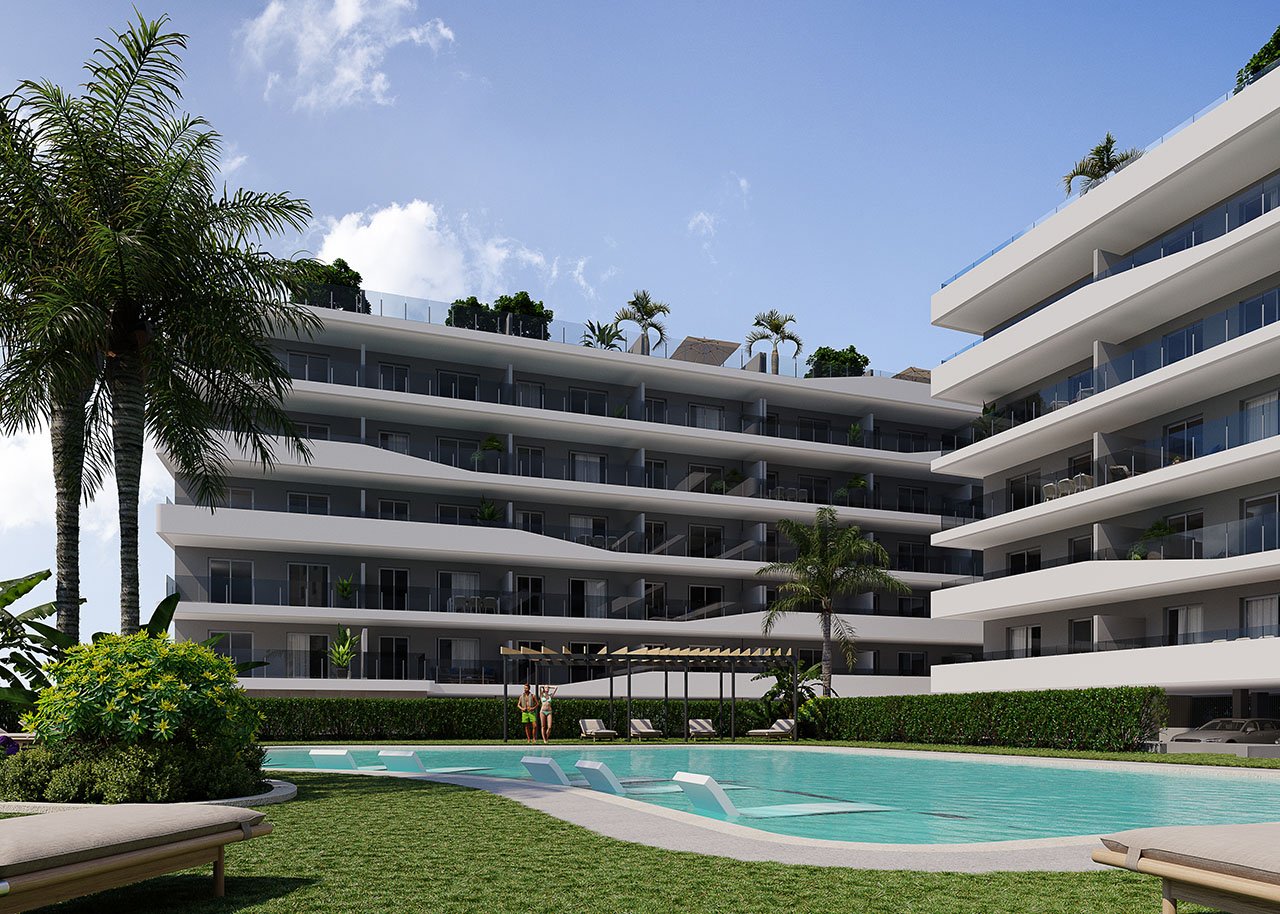 Apartments with 3 bedrooms, 2 bathrooms, pre-installation A/C, private parking, sea views and communal pool only 100 m from the beach