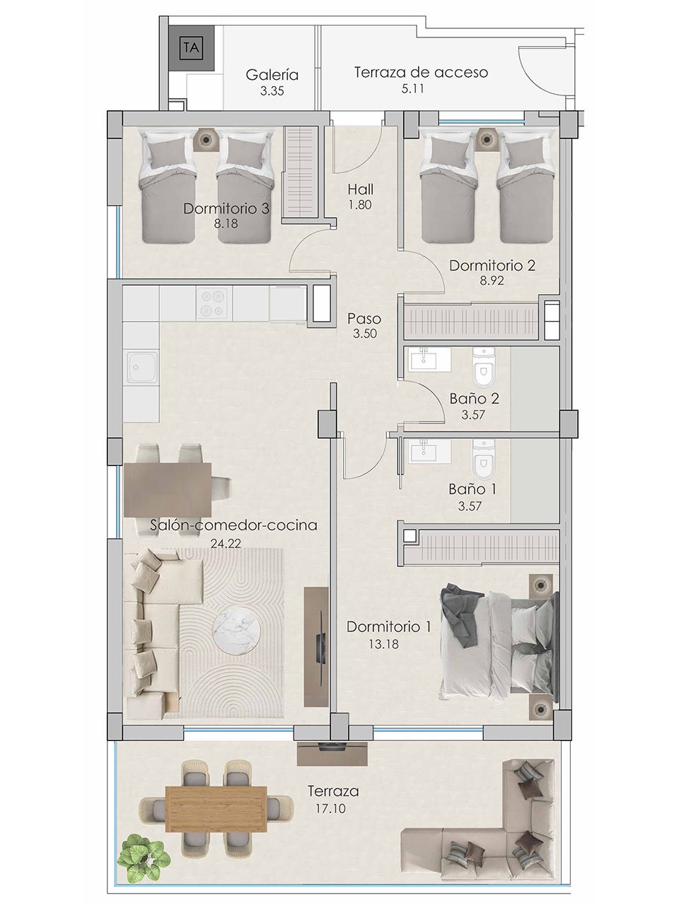 Apartments with 3 bedrooms, 2 bathrooms, pre-installation A/C, private parking, sea views and communal pool only 100 m from the beach