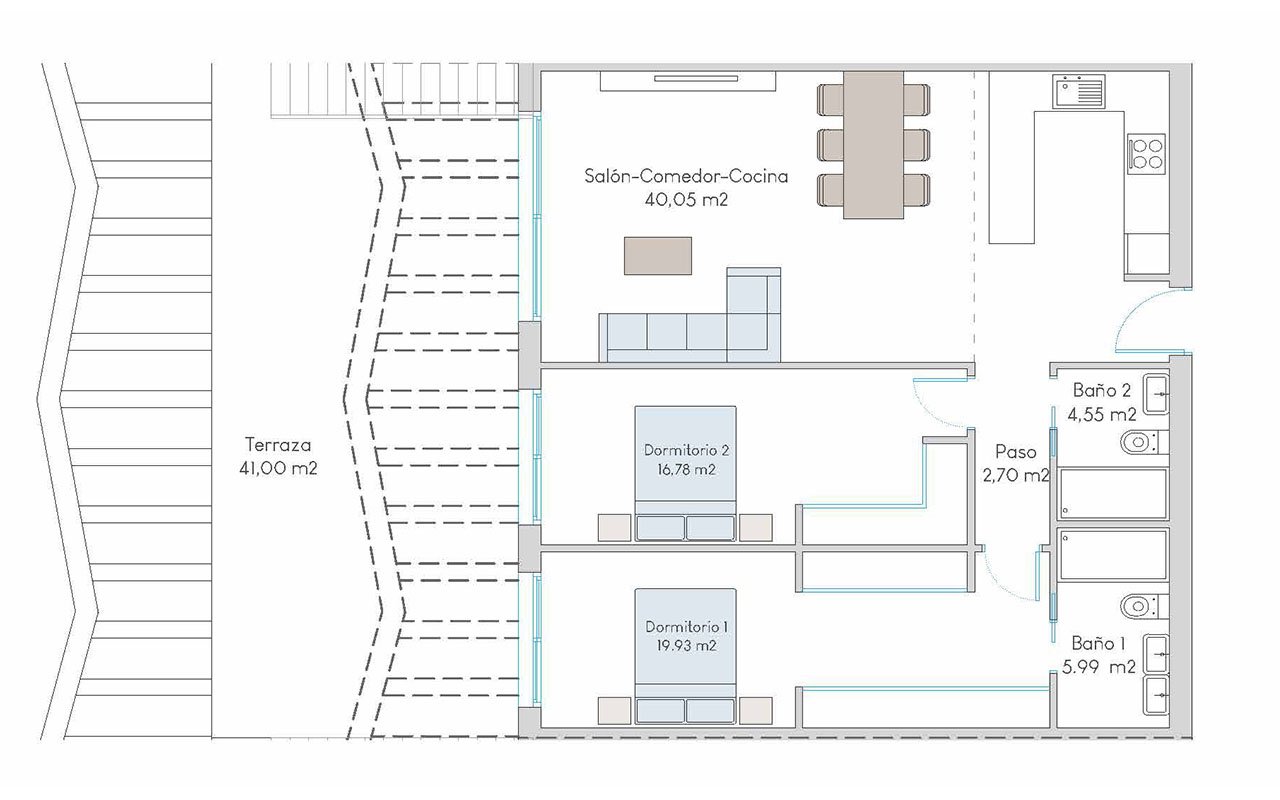 Top floor apartments with 2 bedrooms, 2 bathrooms, roof terrace, community pool and sea views