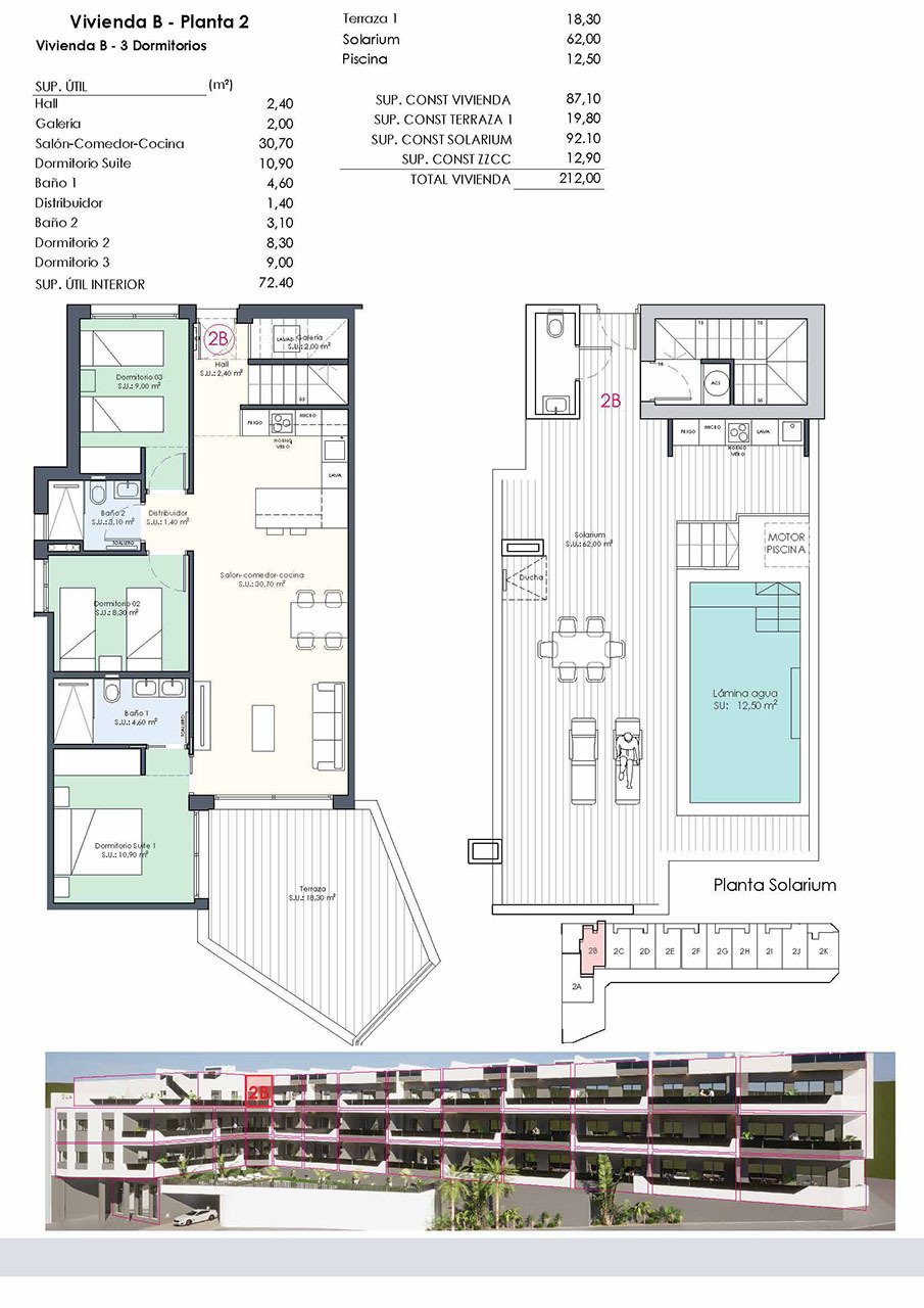 Penthouses with 3 bedrooms, 2 bathrooms, roof terrace, toilet, private pool and fitted kitchens with white goods