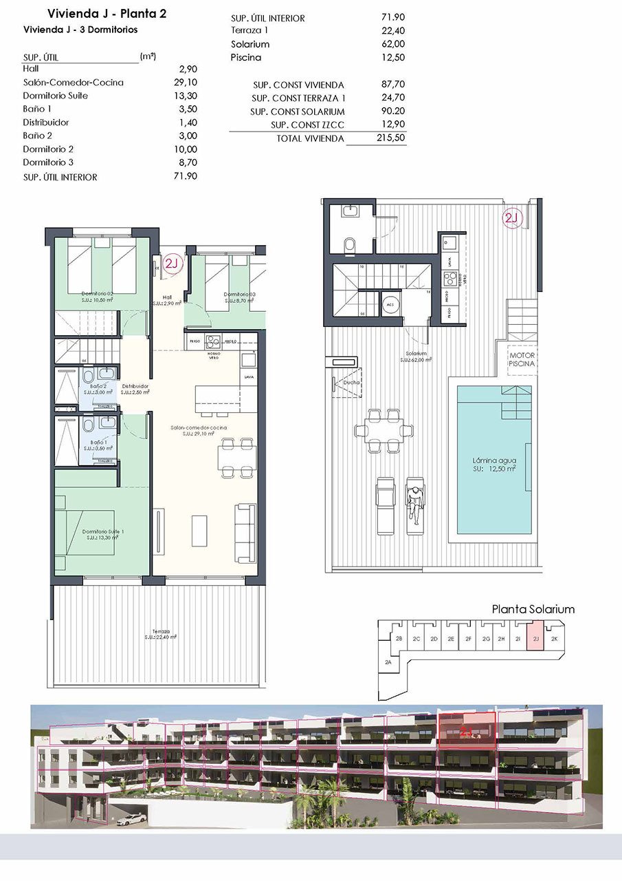 Penthouses with 3 bedrooms, 2 bathrooms, roof terrace, toilet, private pool and fitted kitchens with white goods