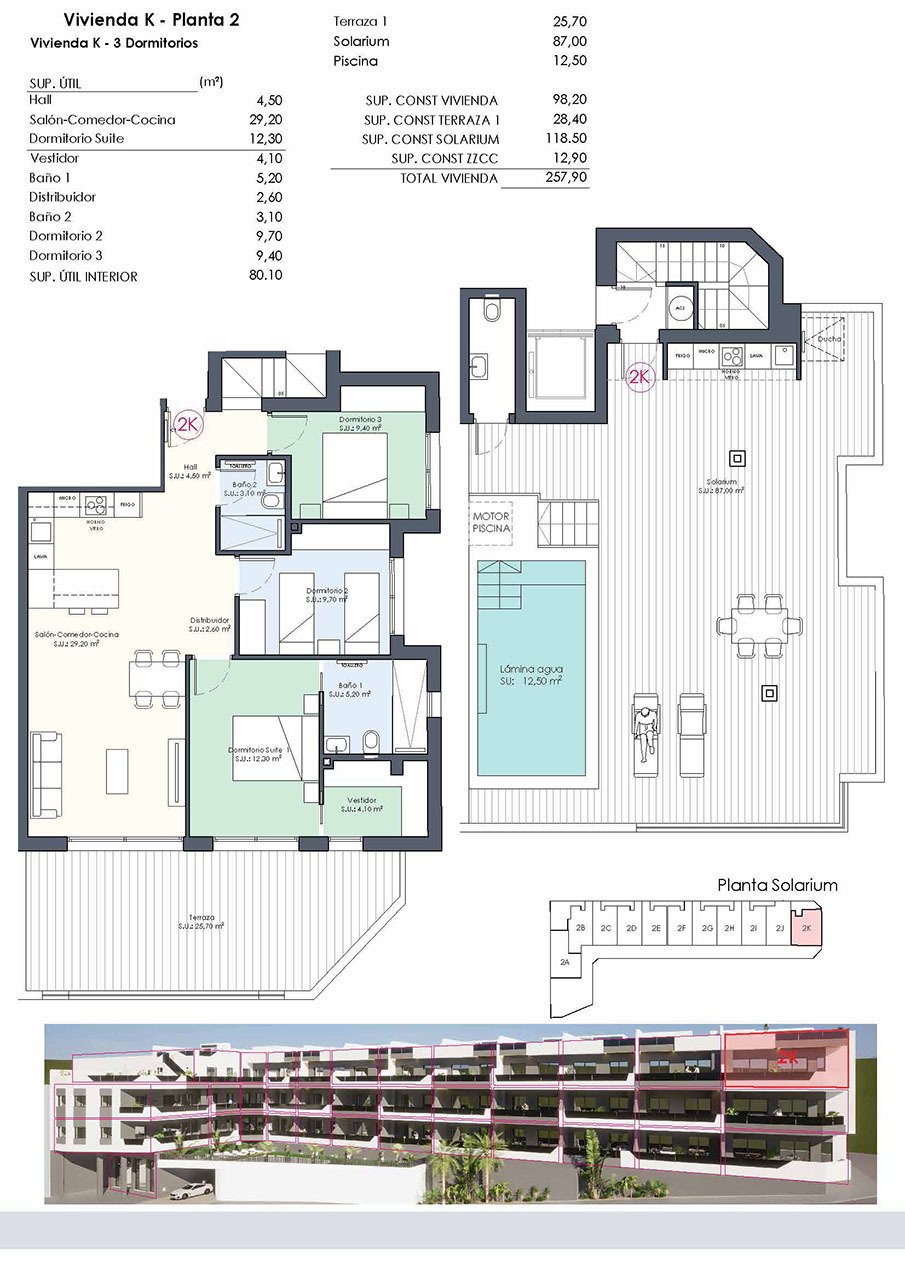 Penthouses with 3 bedrooms, 2 bathrooms, roof terrace, toilet, private pool and fitted kitchens with white goods