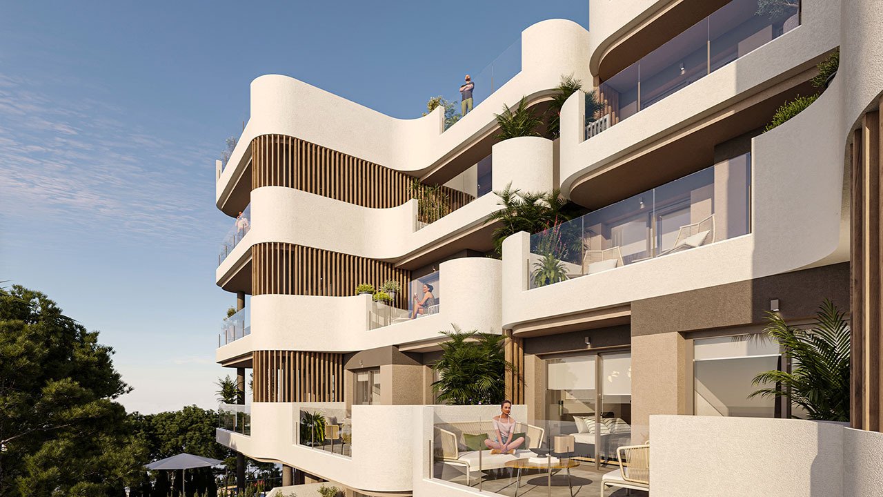 Apartments with 2 bedrooms, 2 bathrooms, underfloor heating in bathrooms, air conditioning and communal pool only 250 m from the sea