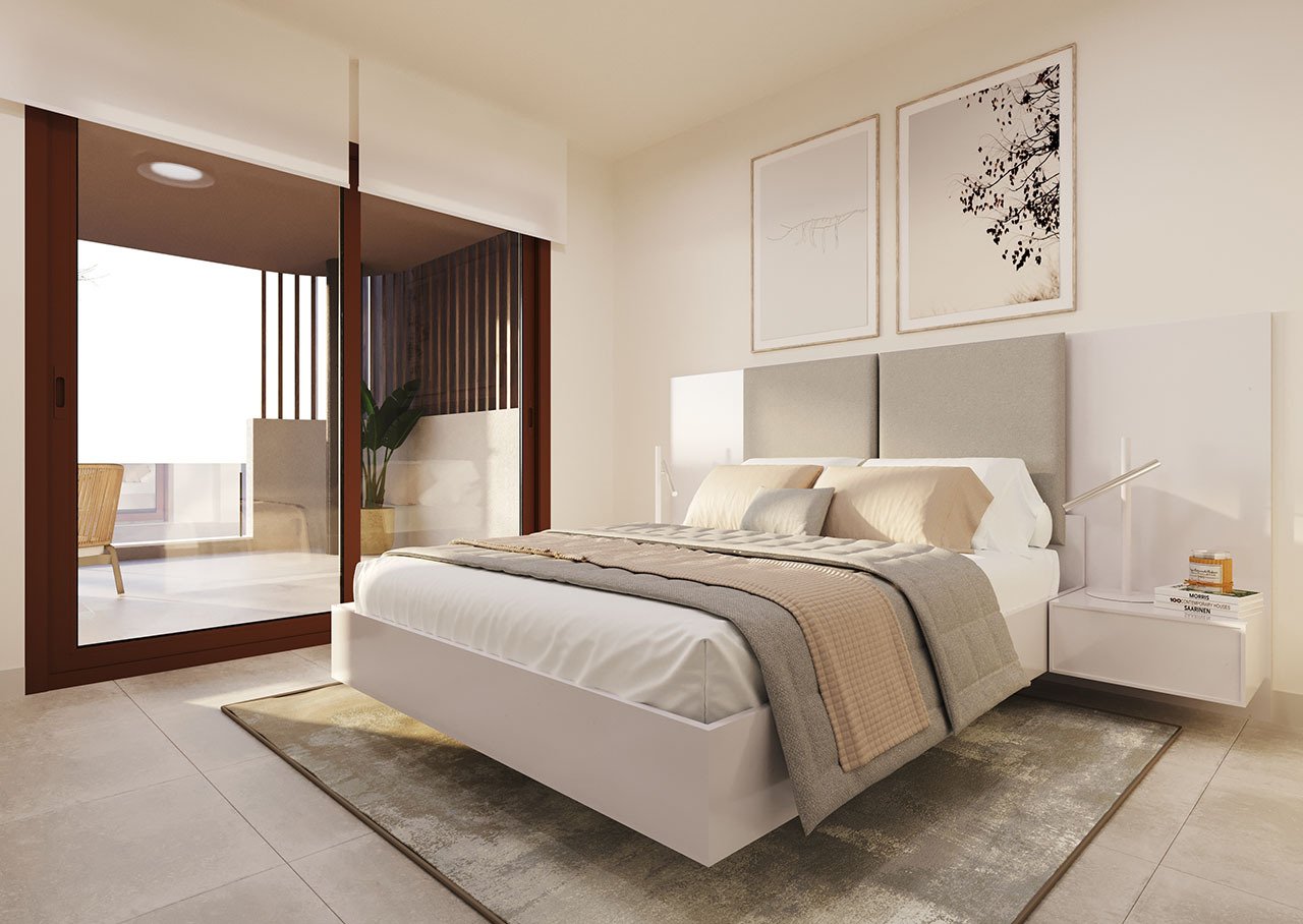 Apartments with 2 bedrooms, 2 bathrooms, underfloor heating in bathrooms, air conditioning and communal pool only 250 m from the sea