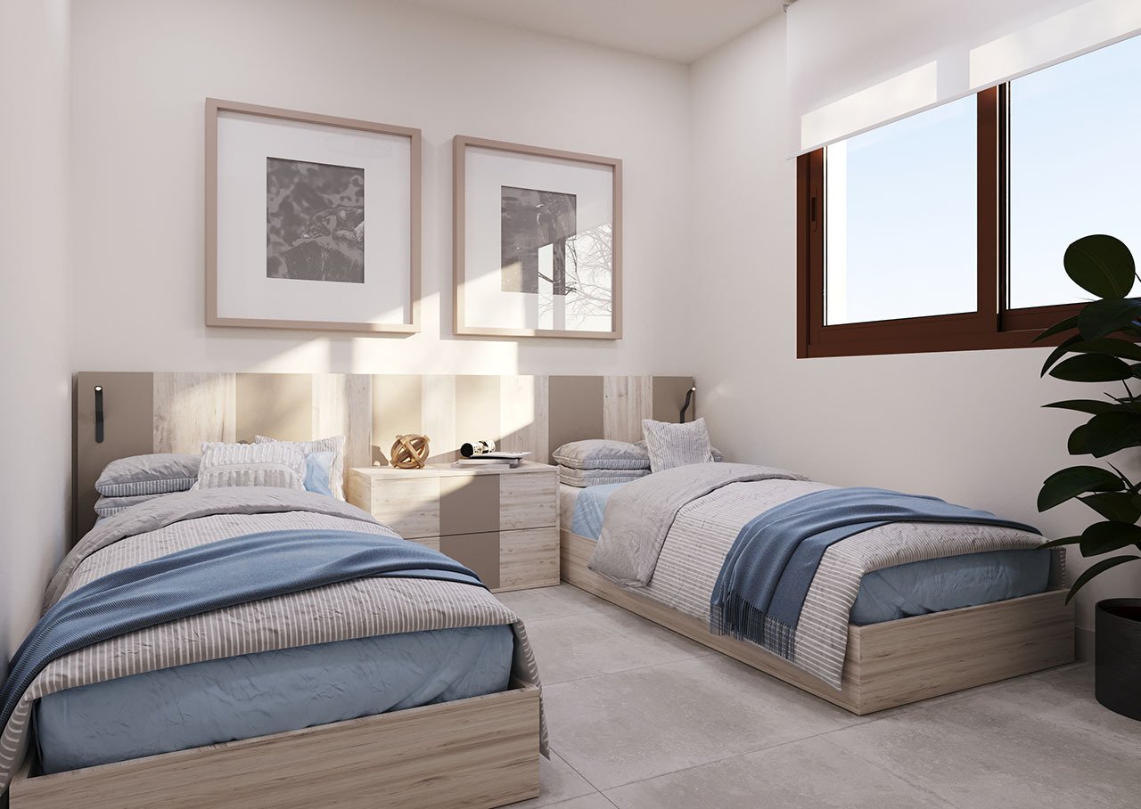 Apartments with 2 bedrooms, 2 bathrooms, underfloor heating in bathrooms, air conditioning and communal pool only 250 m from the sea