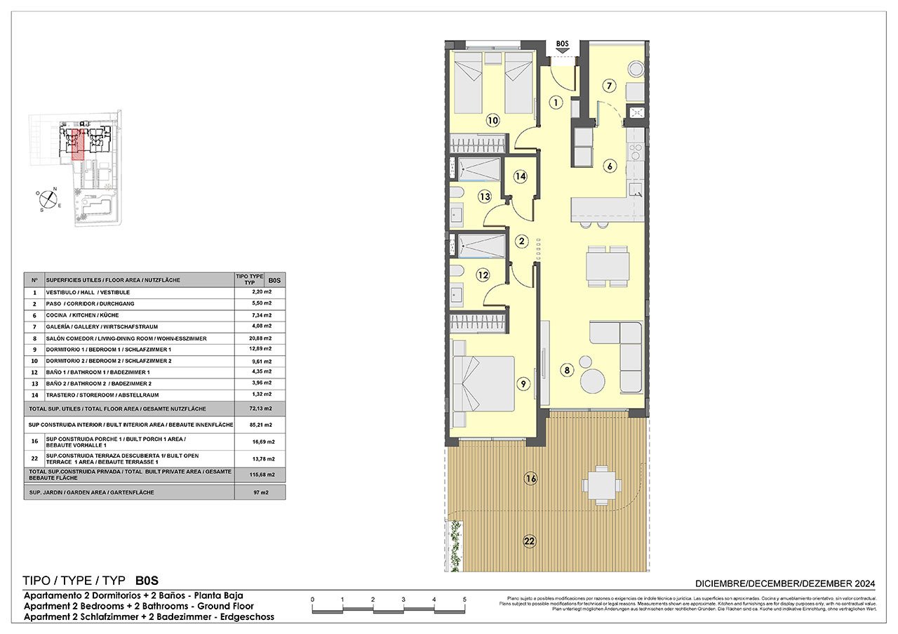 Apartments with 2 bedrooms, 2 bathrooms, underfloor heating in bathrooms, air conditioning and communal pool only 250 m from the sea