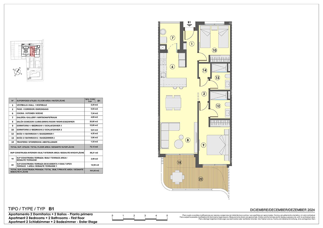 Apartments with 2 bedrooms, 2 bathrooms, underfloor heating in bathrooms, air conditioning and communal pool only 250 m from the sea