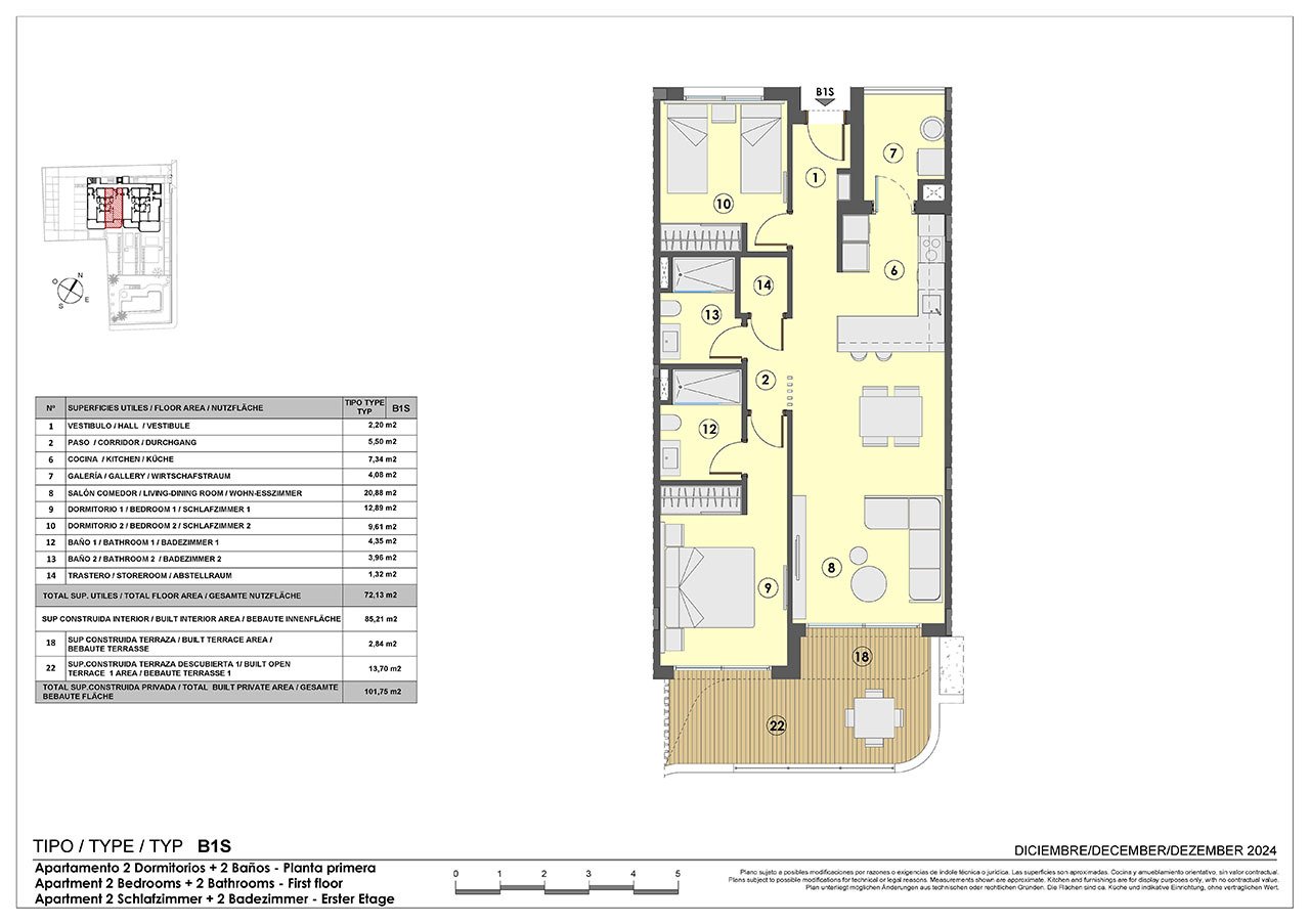 Apartments with 2 bedrooms, 2 bathrooms, underfloor heating in bathrooms, air conditioning and communal pool only 250 m from the sea