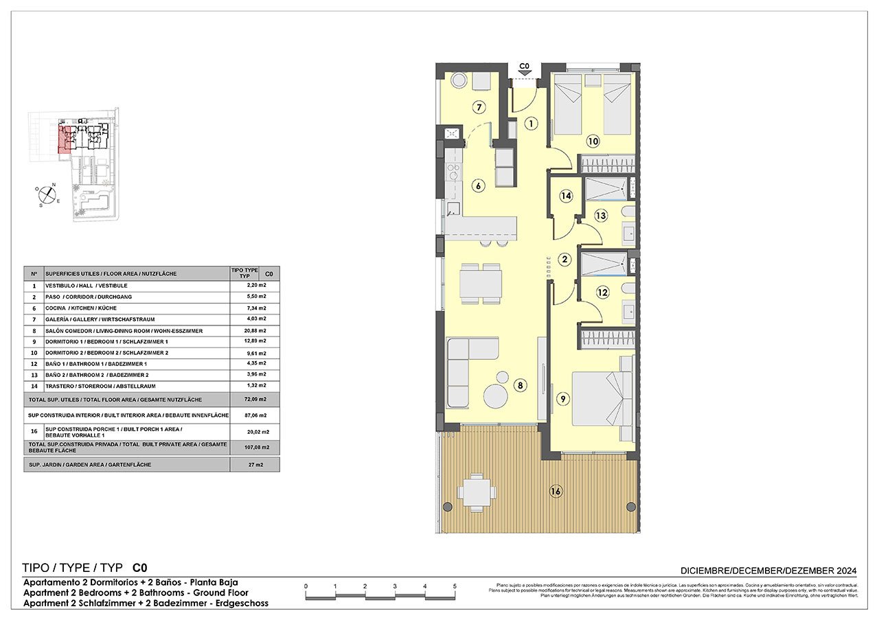 Apartments with 2 bedrooms, 2 bathrooms, underfloor heating in bathrooms, air conditioning and communal pool only 250 m from the sea
