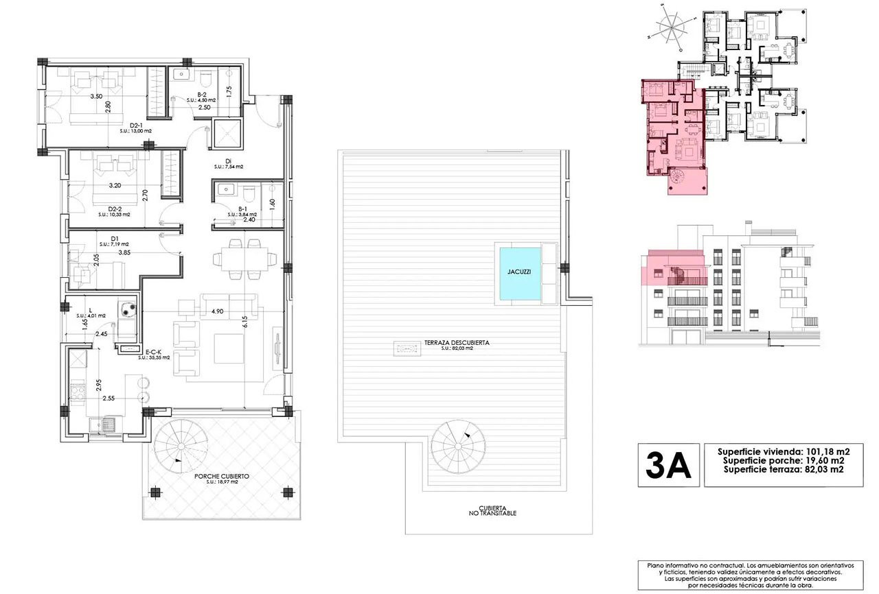 Penthouses with 3 bedrooms, 2 bathrooms, air conditioning, underfloor heating, private parking and communal pool only 500 m from the beach