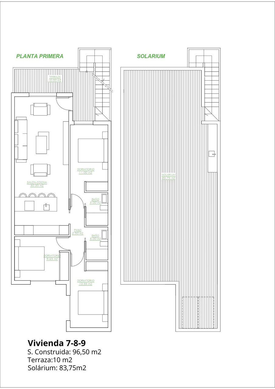 Top floor apartments with 3 bedrooms, 2 bathrooms, roof terrace and communal pool