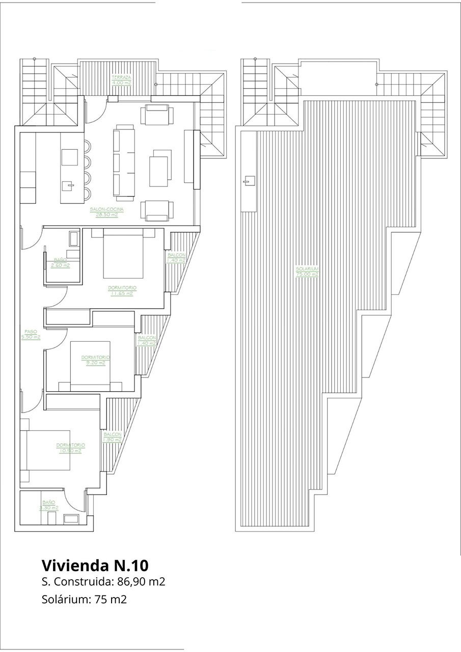 Top floor apartments with 3 bedrooms, 2 bathrooms, roof terrace and communal pool