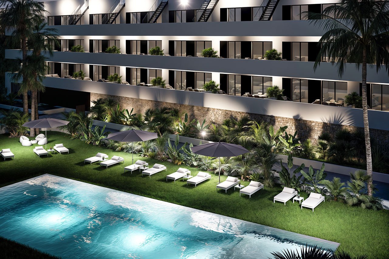 Apartamentos de 2 dormitorios y 2 baños con piscinas comunitarias y vistas al mar