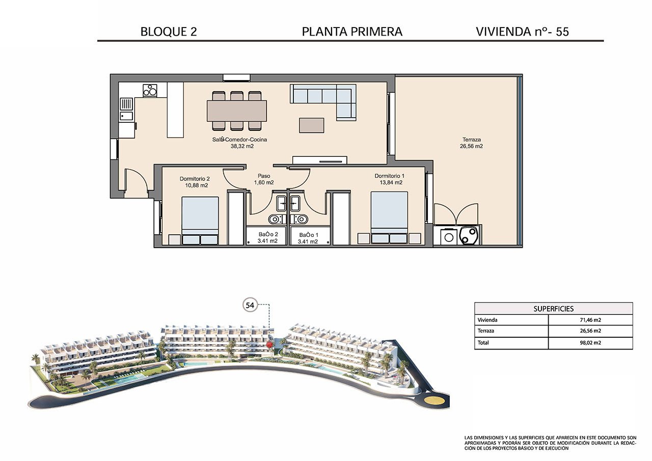 Apartamentos de 2 dormitorios y 2 baños con piscinas comunitarias y vistas al mar