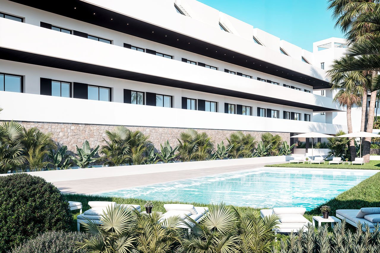 Áticos de 2 dormitorios y 2 baños con solario, piscinas comunitarias y vistas al mar