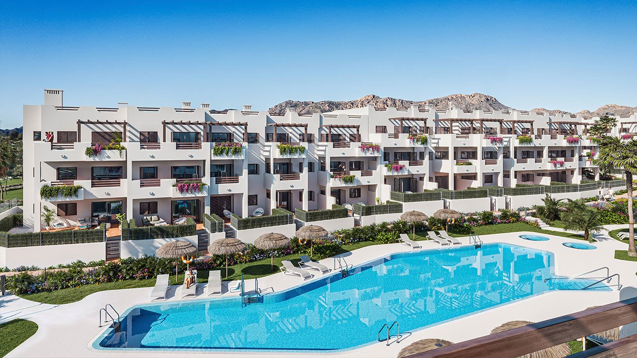 San Juan de los Terreros: Bungalows altos de 2 dormitorios y 1 - 2 baños con solario, parking en sótano y piscina comunitaria a tan solo 500 m de la playa 