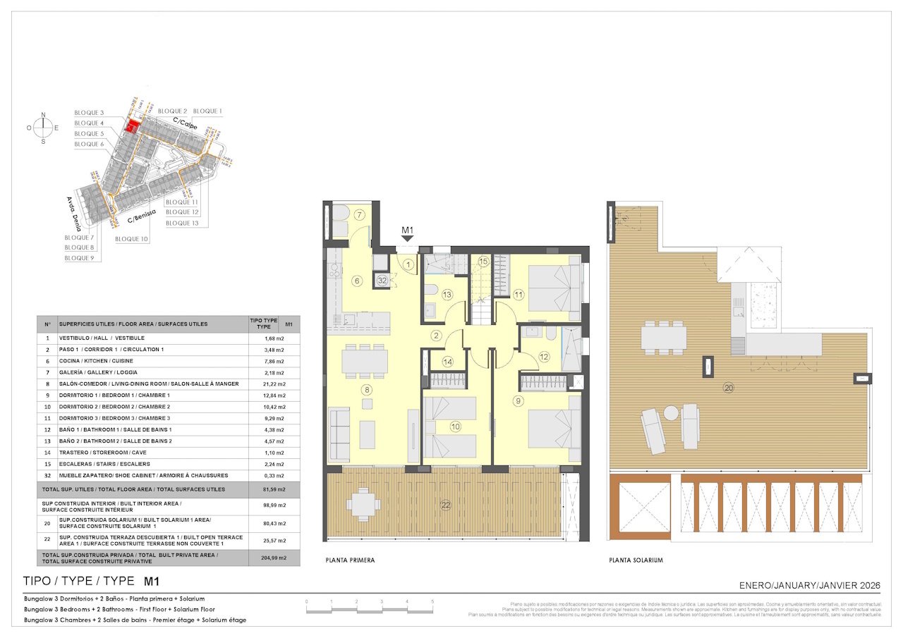Bungalows altos de 3 dormitorios y 2 baños con solárium, parking privado, piscinas comunitarias y jacuzzis climatizados