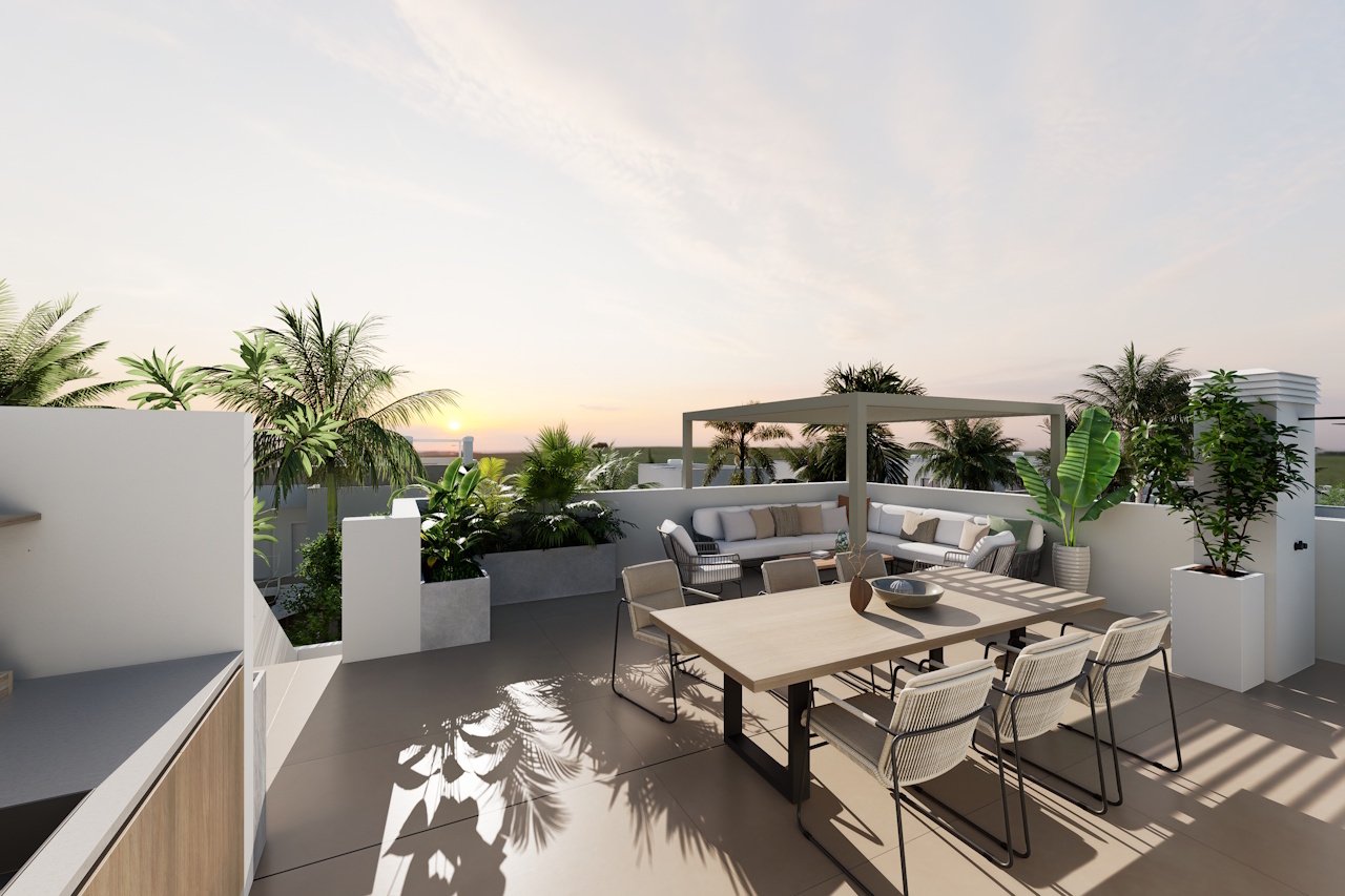 Bungalows altos de 3 dormitorios y 2 baños con solárium, parking privado subterráneo y piscina comunitaria junto a Serena Golf