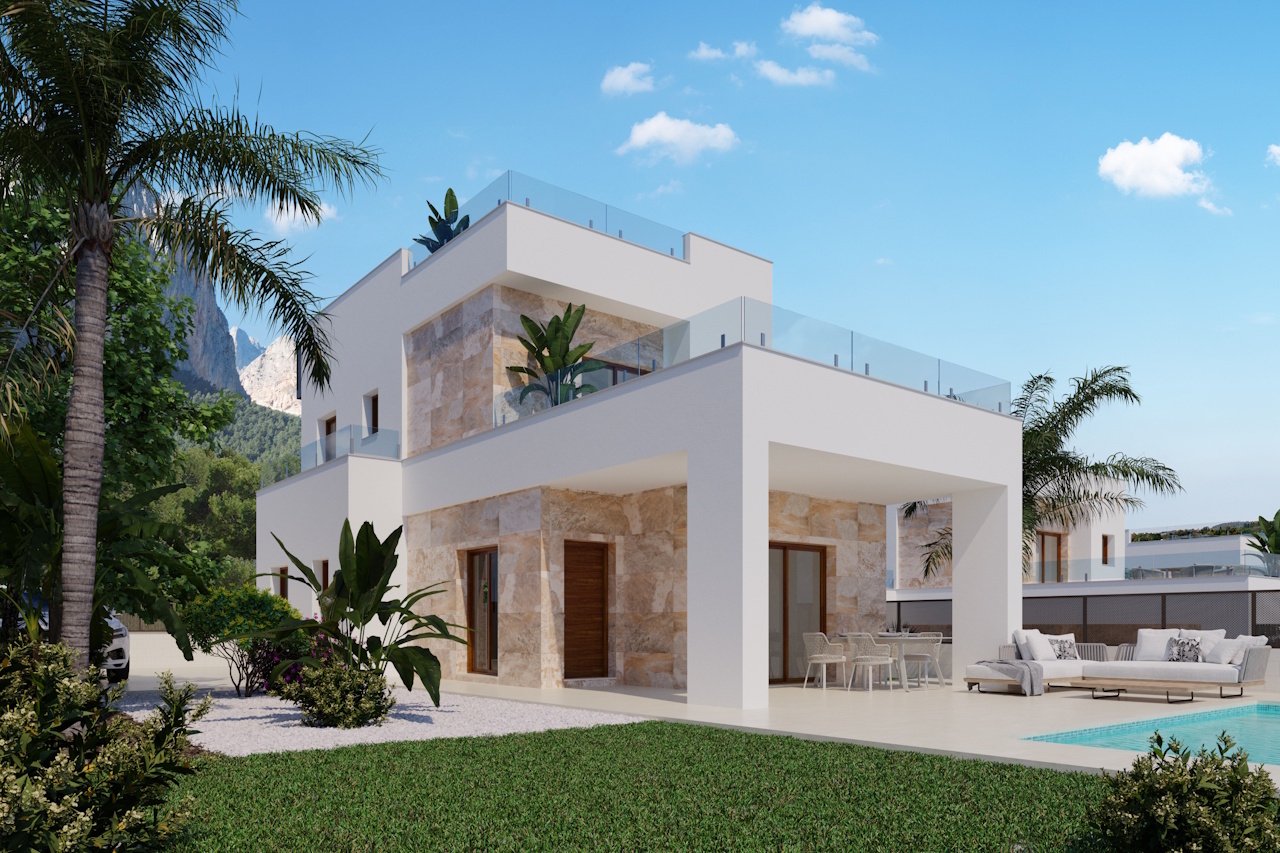 Villas de dos plantas con 3 dormitorios, 3 baños, aseo, cocinas con electrodomésticos, parking privado, piscina privada y vistas al mar