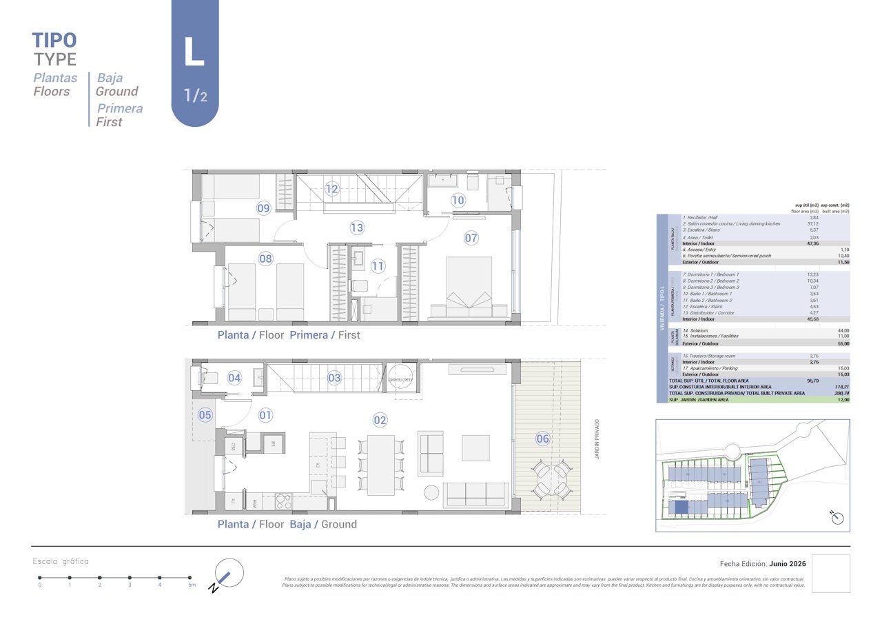 Adosados de 3 dormitorios y 2 baños con aseo, sótano/garaje, vistas al mar y piscina comunitaria en un complejo exclusivo en primera línea