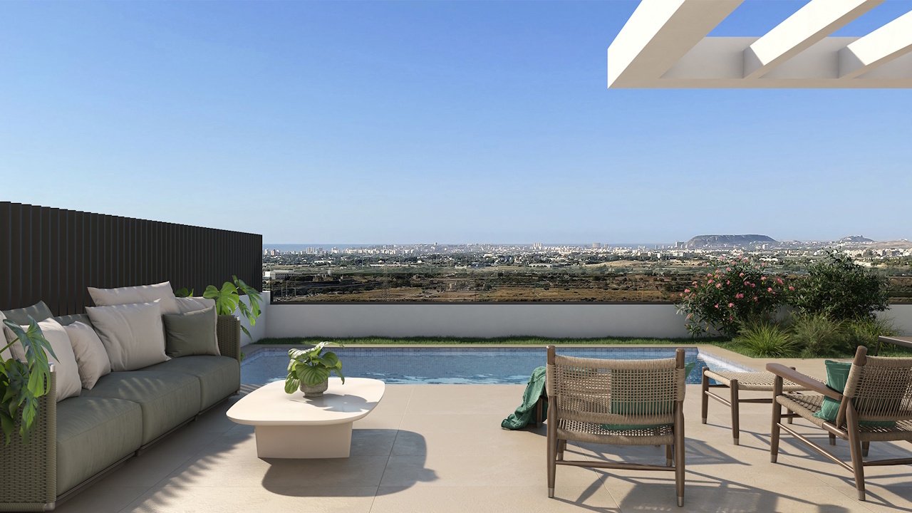 Viviendas unifamiliares con tres dormitorios, tres baños, solárium, piscina y vistas al mar