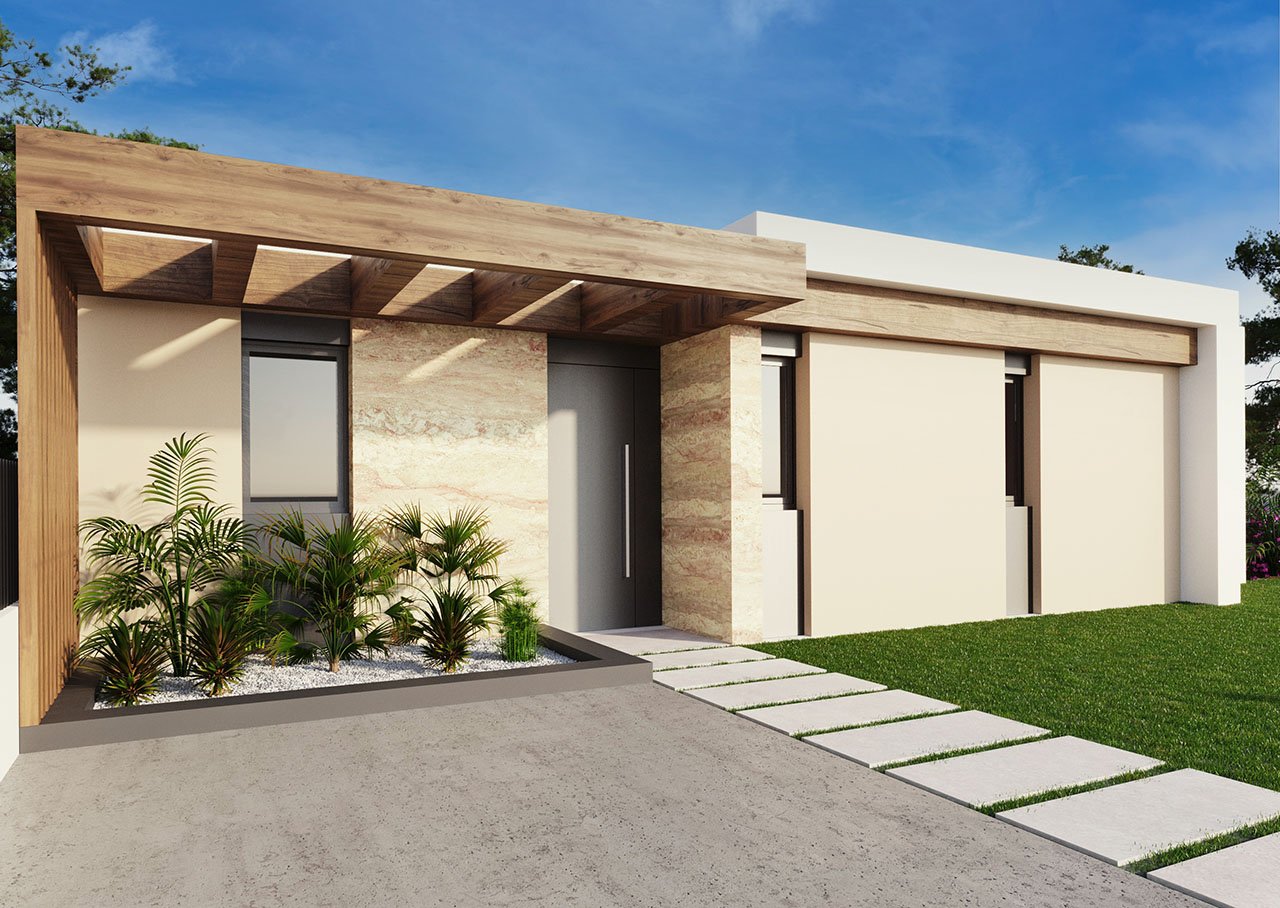 Villas de 1 sola planta con 2 dormitorios, 2 baños, solario opcional, aire aconditionado, vistas al mar, parking privado y piscina privada