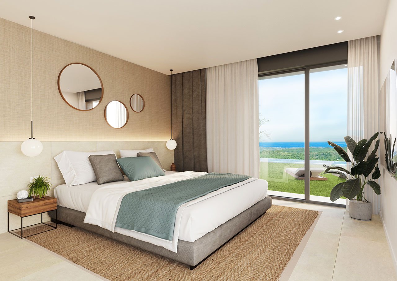 Villas de 1 sola planta con 2 dormitorios, 2 baños, solario opcional, aire aconditionado, vistas al mar, parking privado y piscina privada