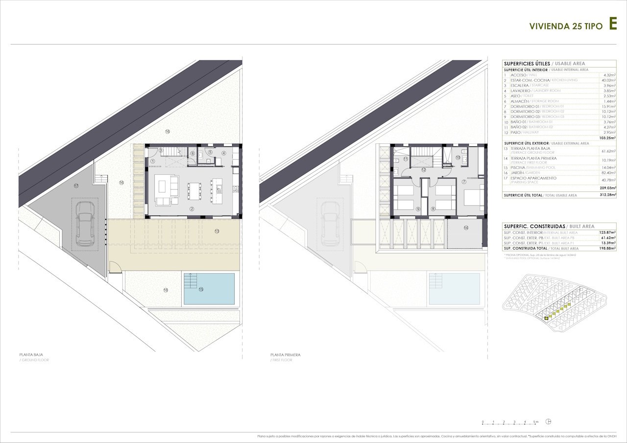 Villas de 2 plantas con 3 dormitorios, 2 baños, aseo, aire aconditionado, vistas al mar, parking privado y piscina privada