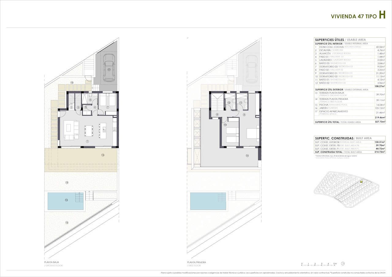 Villas de 2 plantas con 3 dormitorios, 2 baños, aseo, aire aconditionado, vistas al mar, parking privado y piscina privada