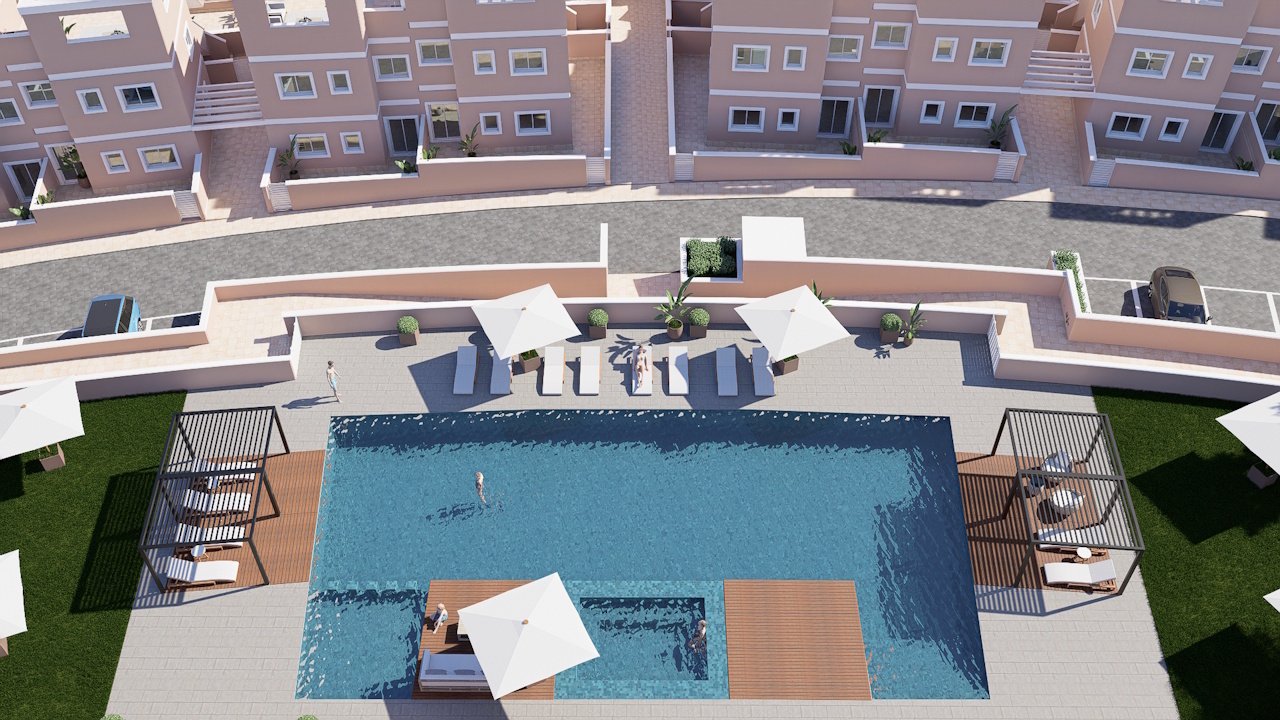 Bungalows bajos de 3 dormitorios y 2 baños con parking privado y piscina comunitaria en el campo de Golf Lo Romero
