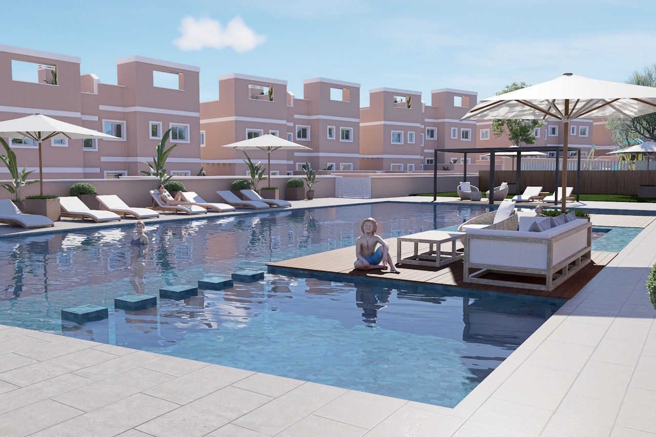 Bungalows altos de 3 dormitorios y 2 baños con solárium, vistas al mar, parking privado y piscina comunitaria en el campo de Golf Lo Romero