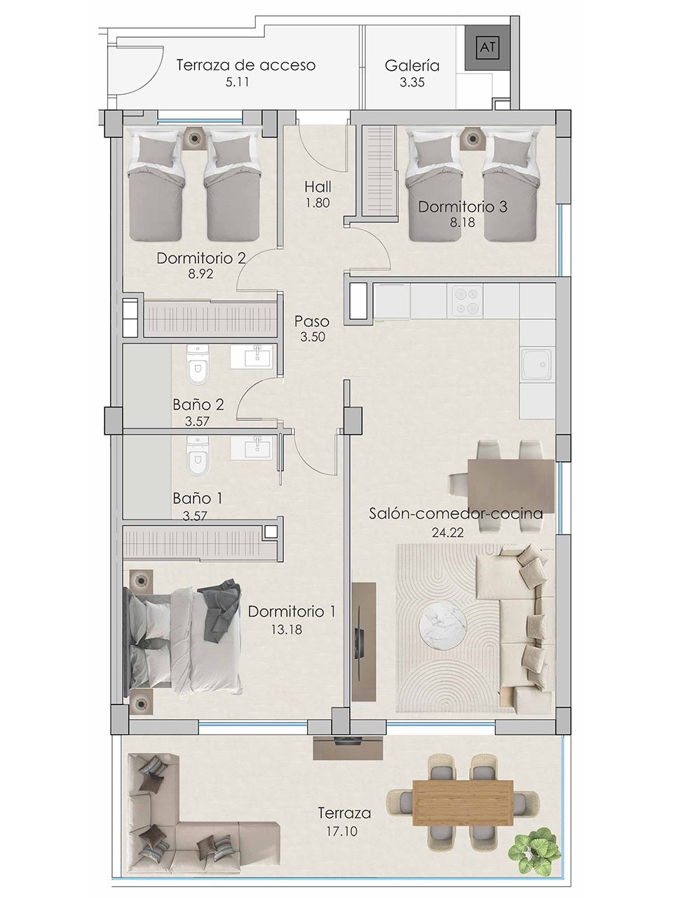 Apartamentos de 3 dormitorios y 2 baños con preinstalación aire acondicionado, vistas al mar y piscina comunitaria a tan sólo 100 m de la playa