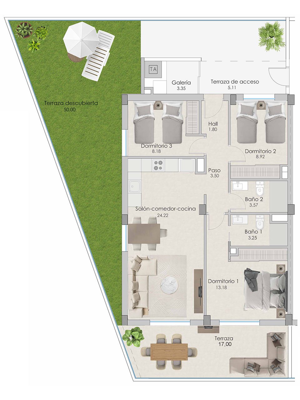 Apartamentos de 3 dormitorios y 2 baños con preinstalación aire acondicionado, vistas al mar y piscina comunitaria a tan sólo 100 m de la playa