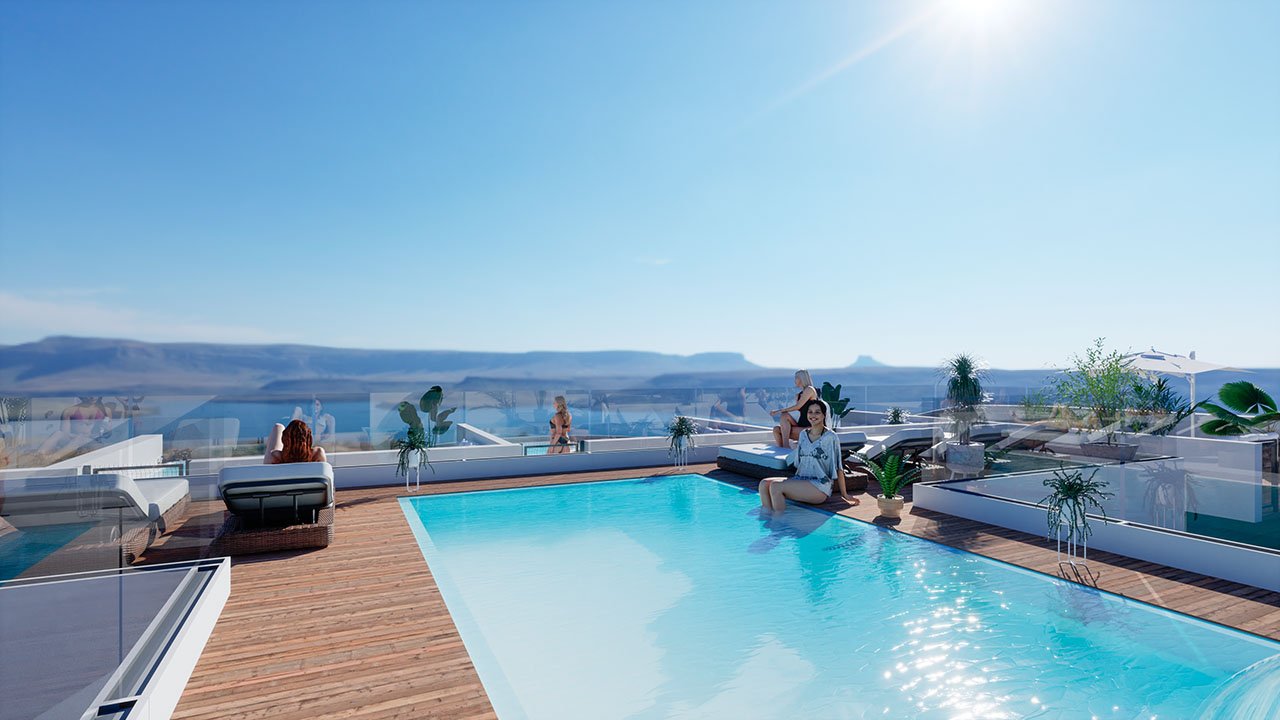 Apartamentos de 3 dormitorios y 2 baños con piscina comunitaria a tan solo 160 m de la Playa de Los Locos