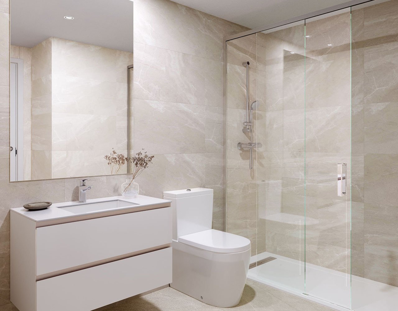 Apartamentos de 2 dormitorios con aire acondicionado, suelo radiante en baños, parcamiento privado y piscina comunitaria a tan solo 500 m de la playa