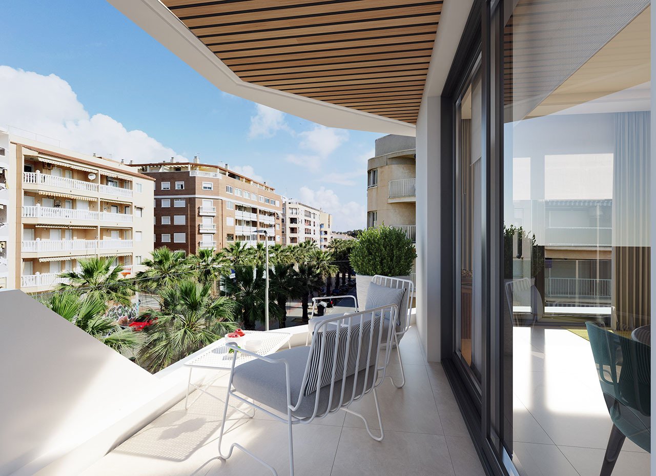 Apartamentos de 3 dormitorios y 2 baños con aire acondicionado, parking privado opcional y piscina comunitaria a tan sólo 100 m de la playa