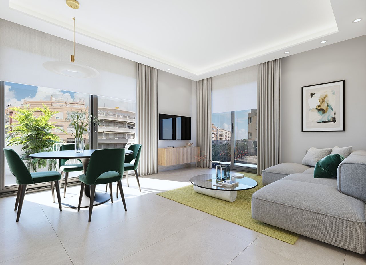 Apartamentos de 3 dormitorios y 2 baños con aire acondicionado, parking privado opcional y piscina comunitaria a tan sólo 100 m de la playa