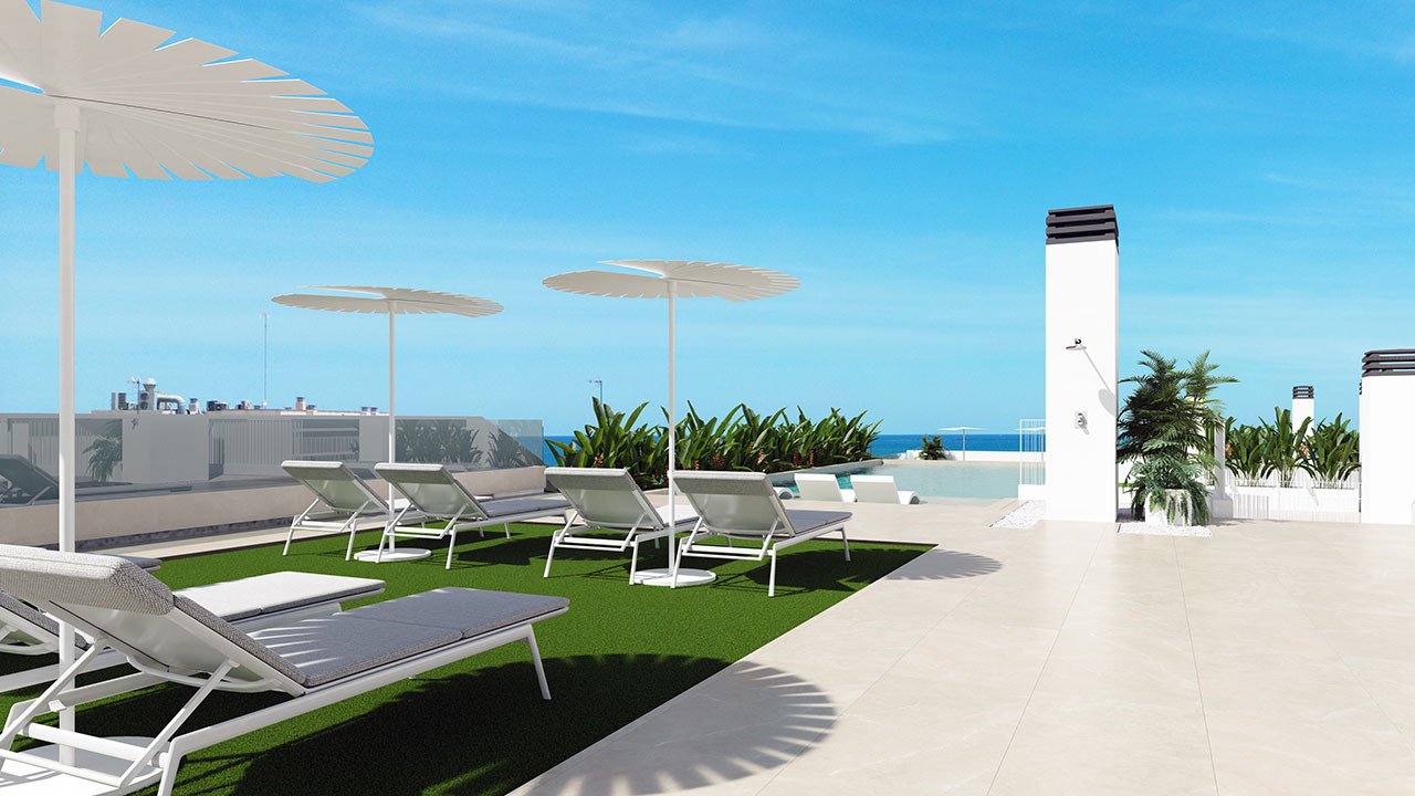 Apartamentos de 3 dormitorios y 2 baños con aire acondicionado, parking privado opcional y piscina comunitaria a tan sólo 100 m de la playa