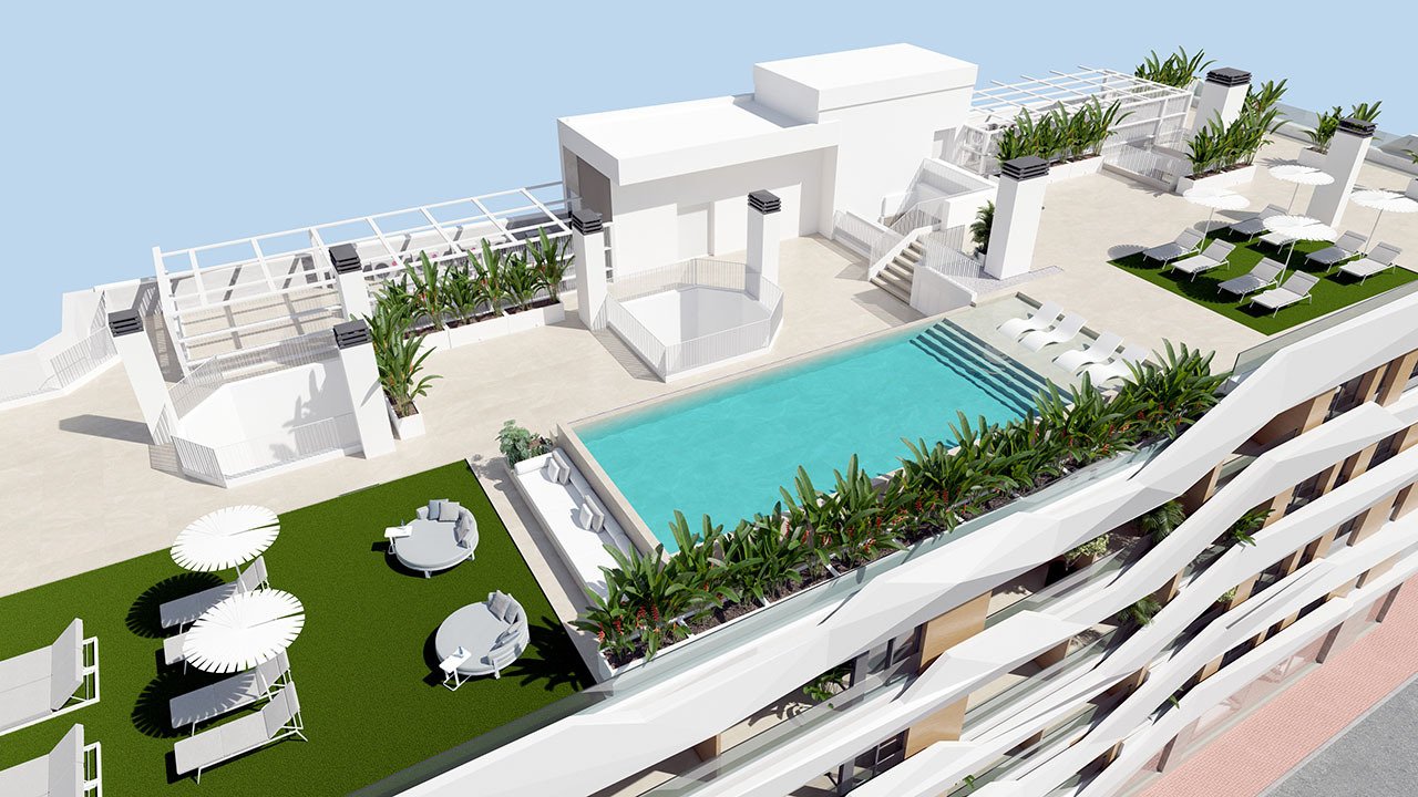 Apartamentos de 3 dormitorios y 2 baños con aire acondicionado, parking privado opcional y piscina comunitaria a tan sólo 100 m de la playa