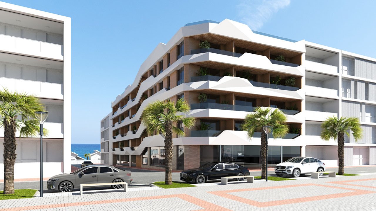 Apartamentos de 3 dormitorios y 2 baños con aire acondicionado, parking privado opcional y piscina comunitaria a tan sólo 100 m de la playa