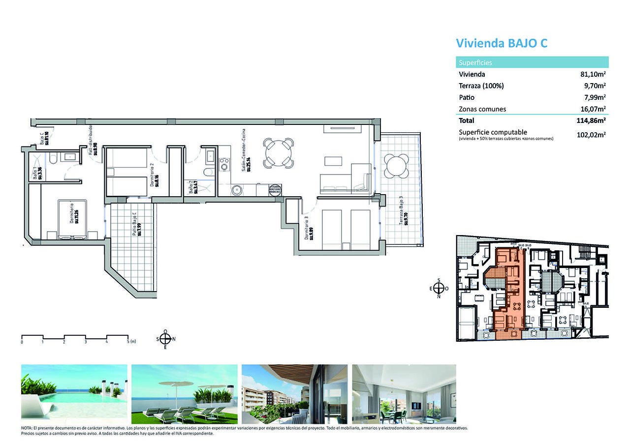 Apartamentos de 3 dormitorios y 2 baños con aire acondicionado, parking privado opcional y piscina comunitaria a tan sólo 100 m de la playa