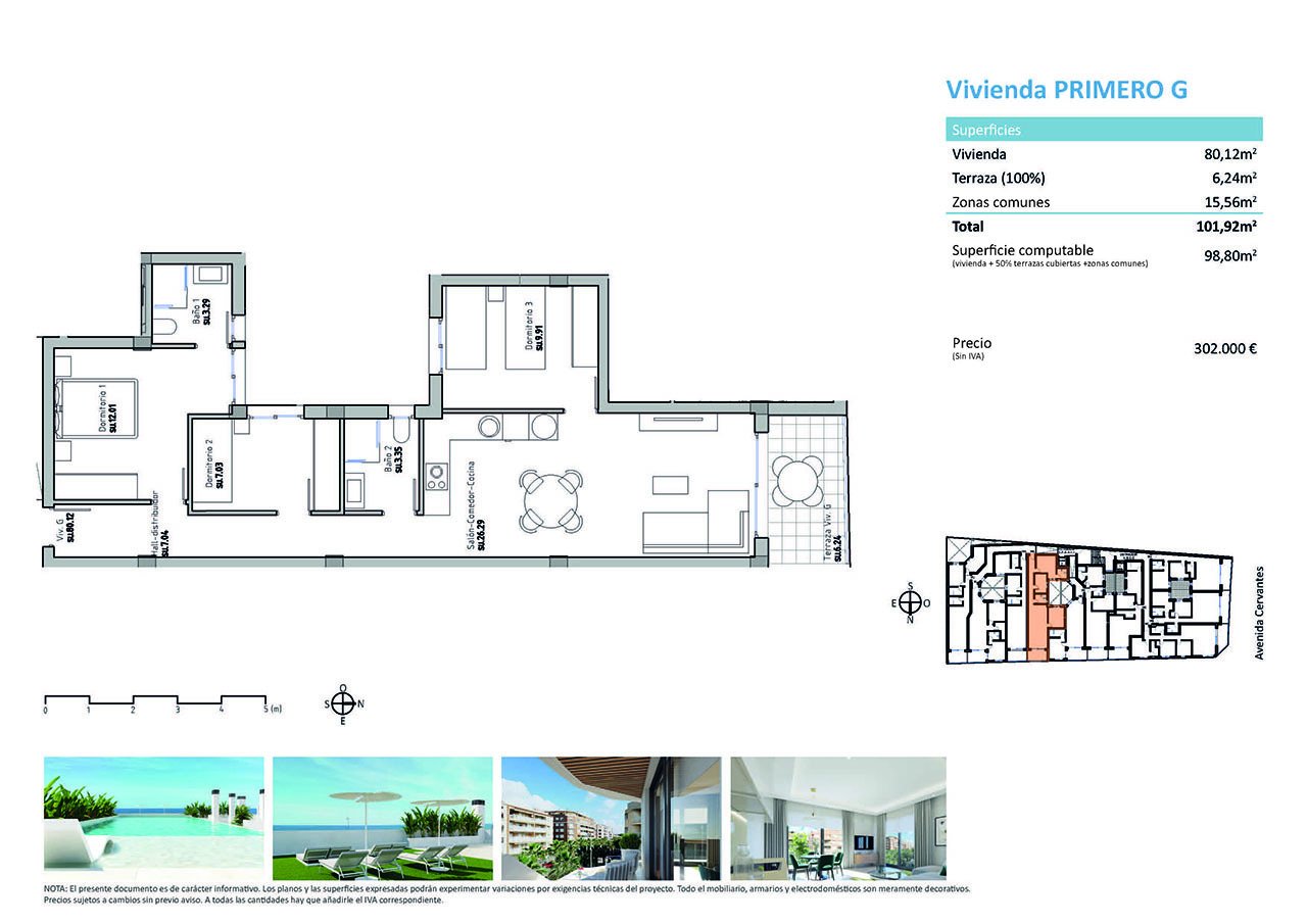 Apartamentos de 3 dormitorios y 2 baños con aire acondicionado, parking privado opcional y piscina comunitaria a tan sólo 100 m de la playa