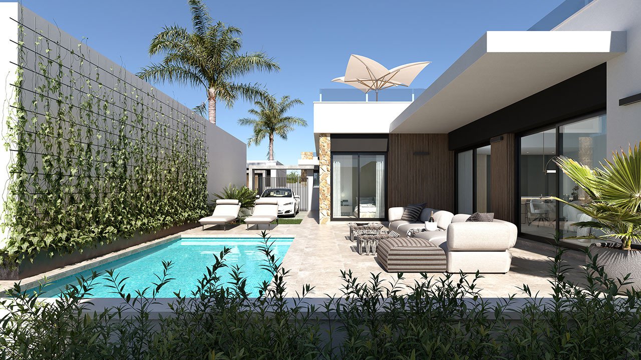 Villas de 1 sola planta con 3 dormitorios, 2 baños, solario, cocina con electrodomésticos, aire acondicionado, parking privado y piscina privada