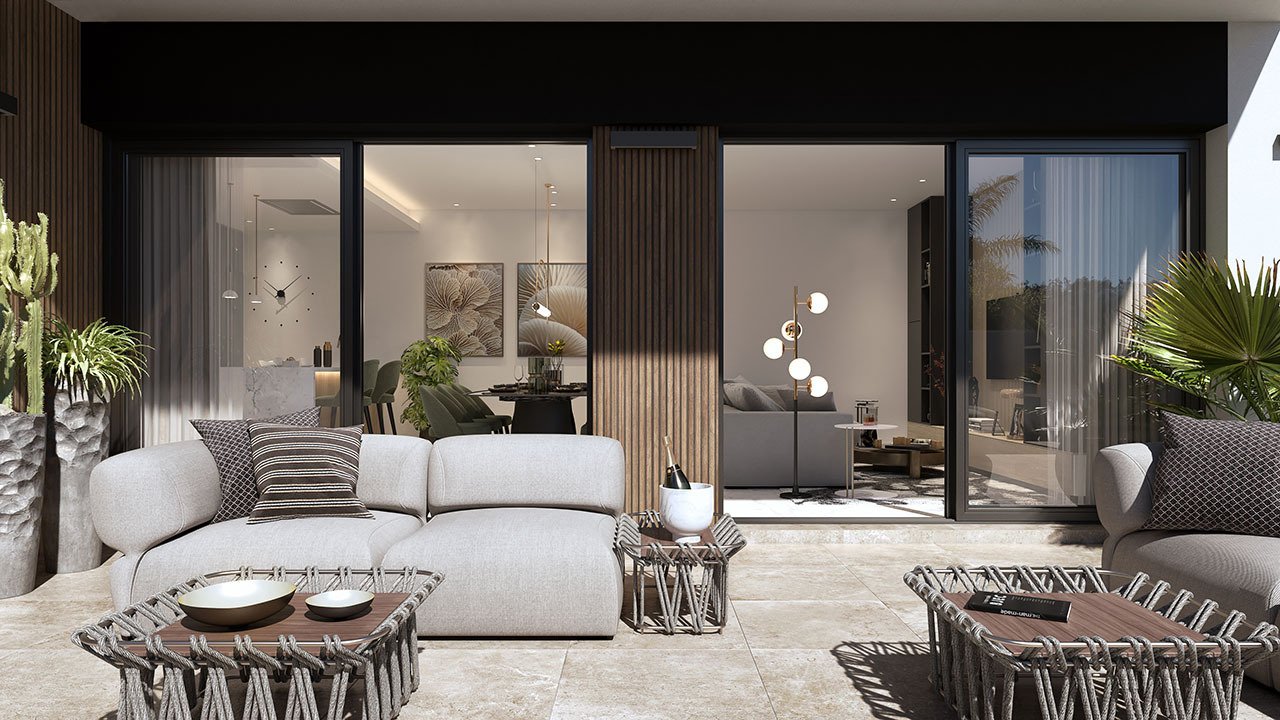 Villas de 1 sola planta con 3 dormitorios, 2 baños, solario, cocina con electrodomésticos, aire acondicionado, parking privado y piscina privada