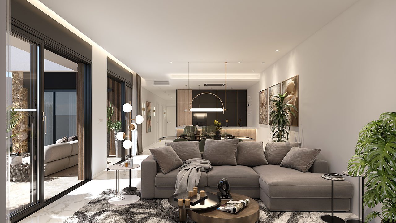 Villas de 1 sola planta con 3 dormitorios, 2 baños, solario, cocina con electrodomésticos, aire acondicionado, parking privado y piscina privada