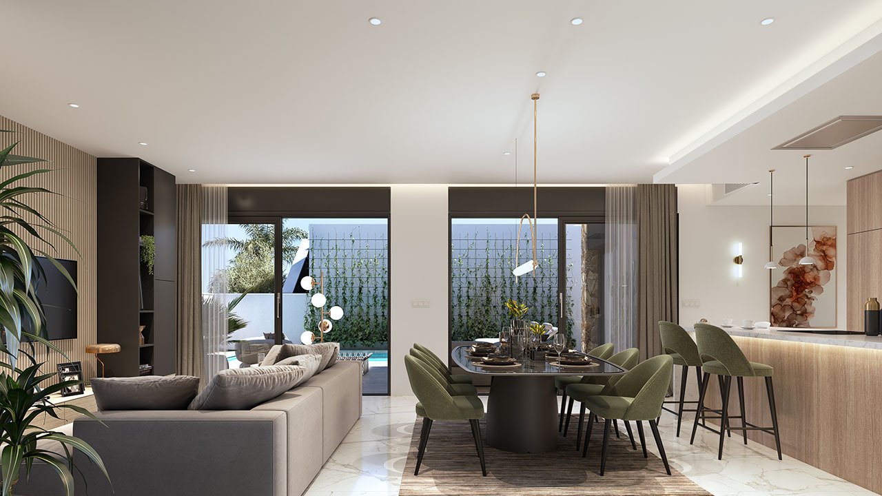 Villas de 1 sola planta con 3 dormitorios, 2 baños, solario, cocina con electrodomésticos, aire acondicionado, parking privado y piscina privada