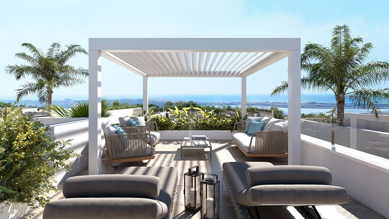 Villas de 1 sola planta con 3 dormitorios, 2 baños, solario, cocina con electrodomésticos, aire acondicionado, parking privado y piscina privada