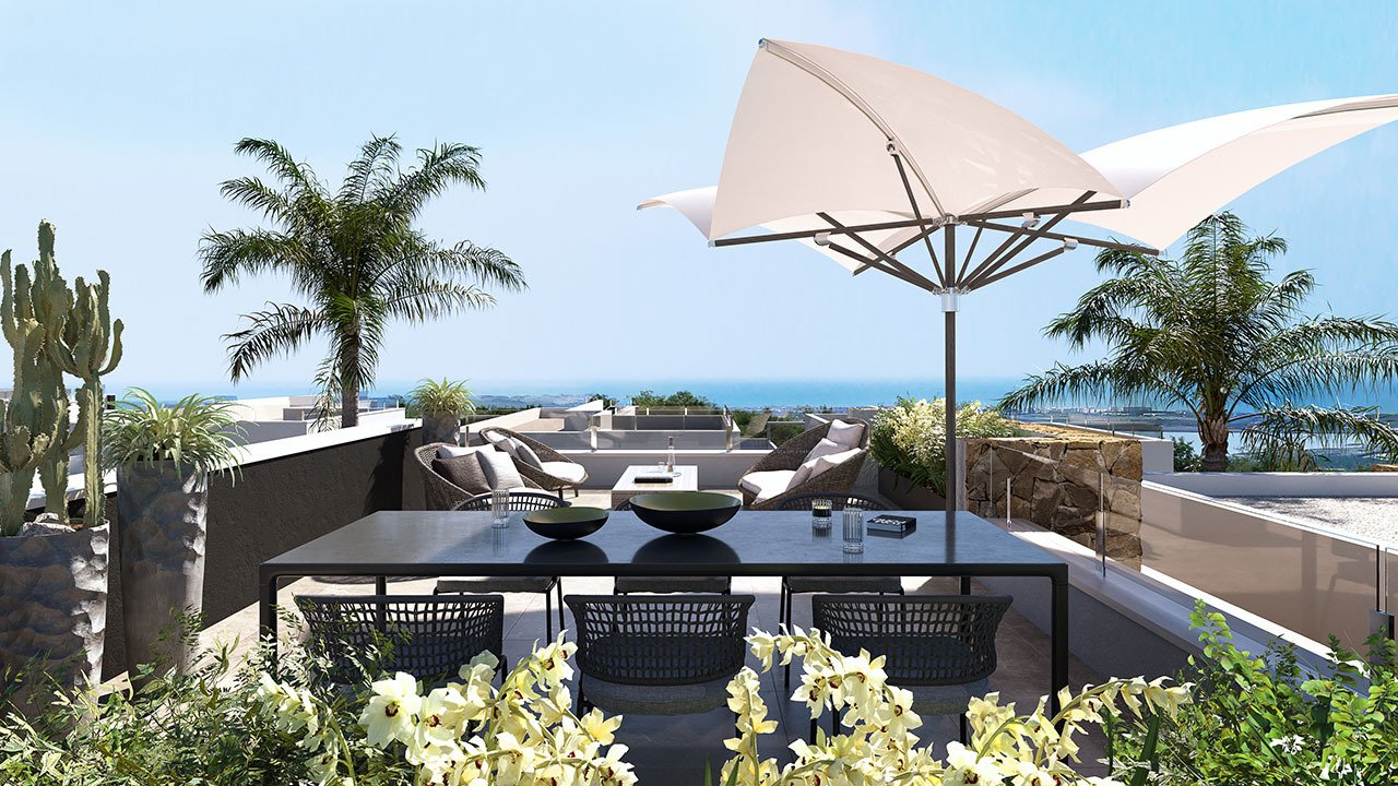 Villas de 1 sola planta con 3 dormitorios, 2 baños, solario, cocina con electrodomésticos, aire acondicionado, parking privado y piscina privada