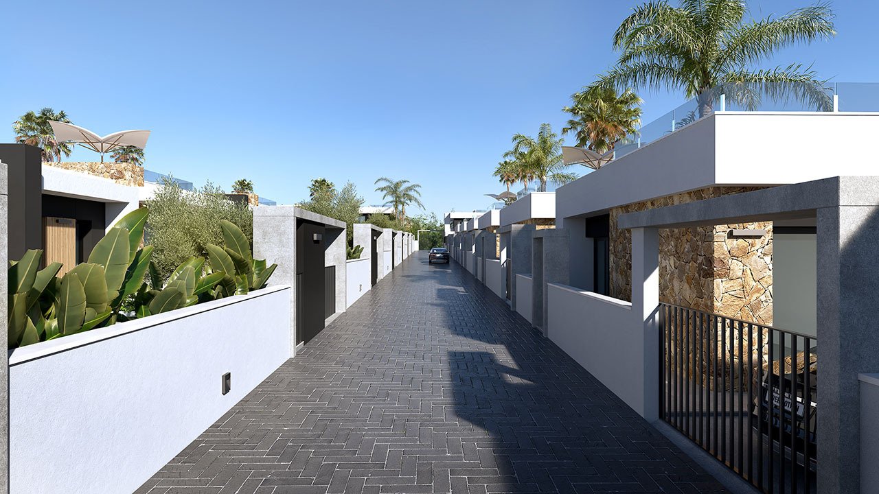 Villas de 1 sola planta con 3 dormitorios, 2 baños, solario, cocina con electrodomésticos, aire acondicionado, parking privado y piscina privada